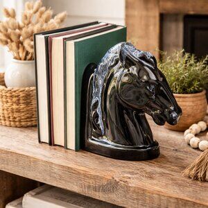 BMP Vintage Horse Bookend by Blue Mountain Pottery Black Ceramic Drip Glaze